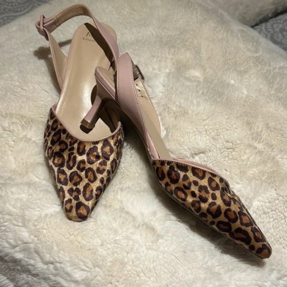 Leopard Print Slingback Kitten Heel Pumps with Pink Trim